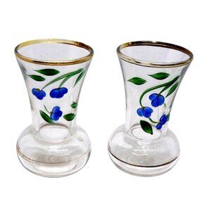 Vintage Hand-Painted Glass Bud Vases w Blue Floral Design & Gold Trim 4 inches